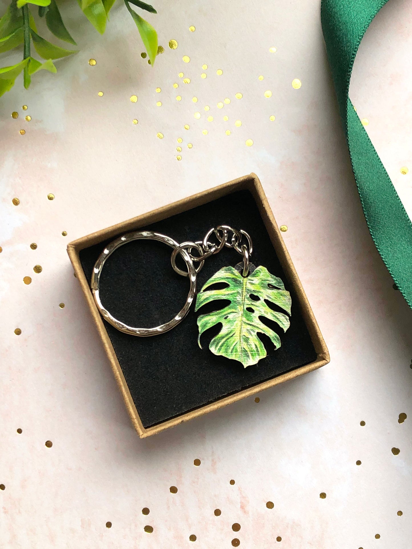 Plant Leaf Silver Plated Keyring Letterbox Gift Set