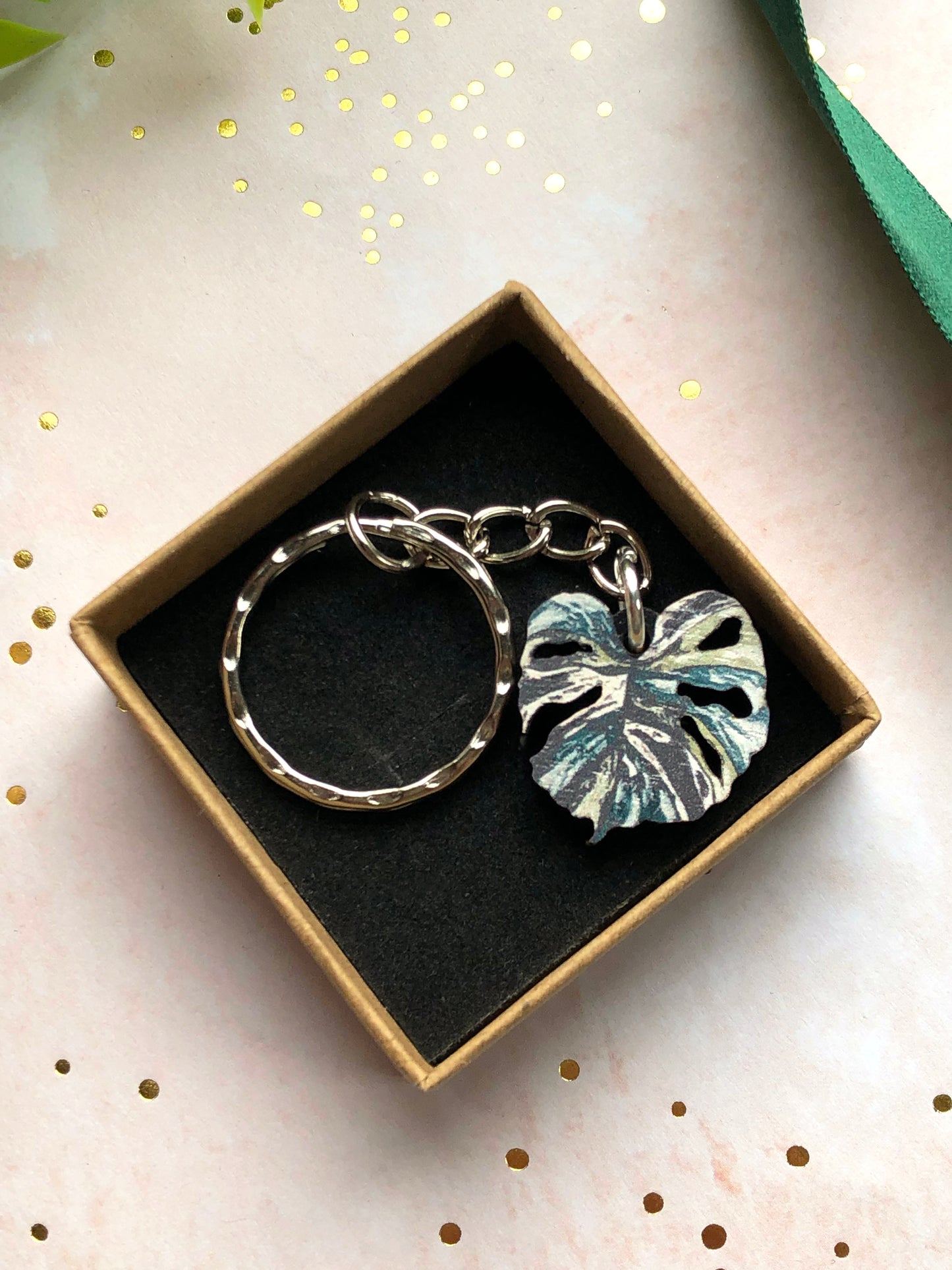 Plant Leaf Silver Plated Keyring Letterbox Gift Set