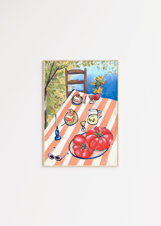 Painting of a table setting with tomatoes and glasses on a striped tablecloth.