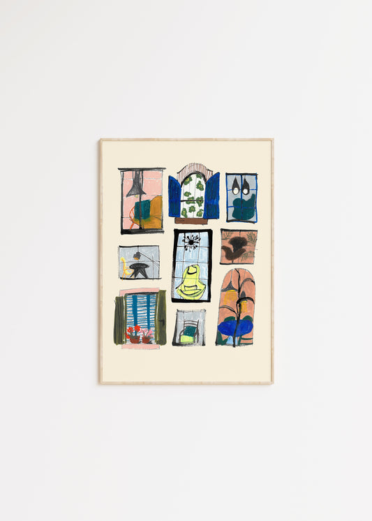 Framed artwork with small window scenes in a grid pattern on a white background