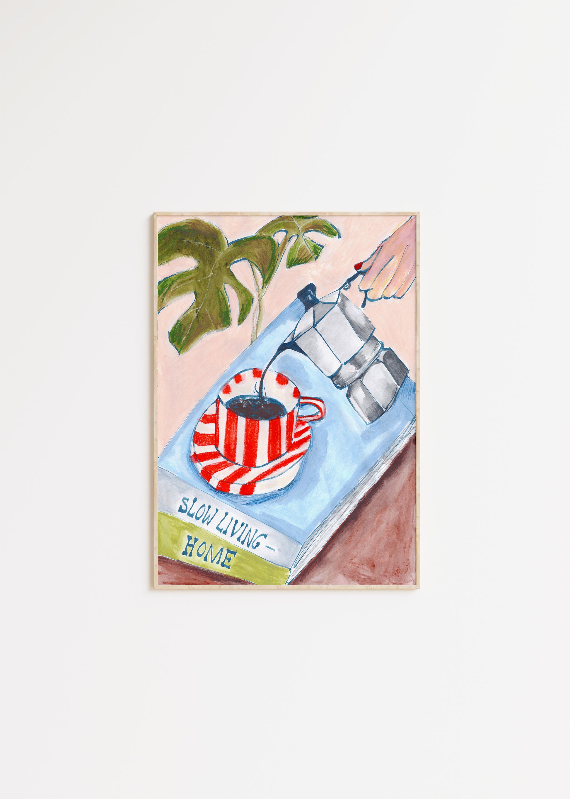 Decorative wall art with a coffee cup and plant on a pink background