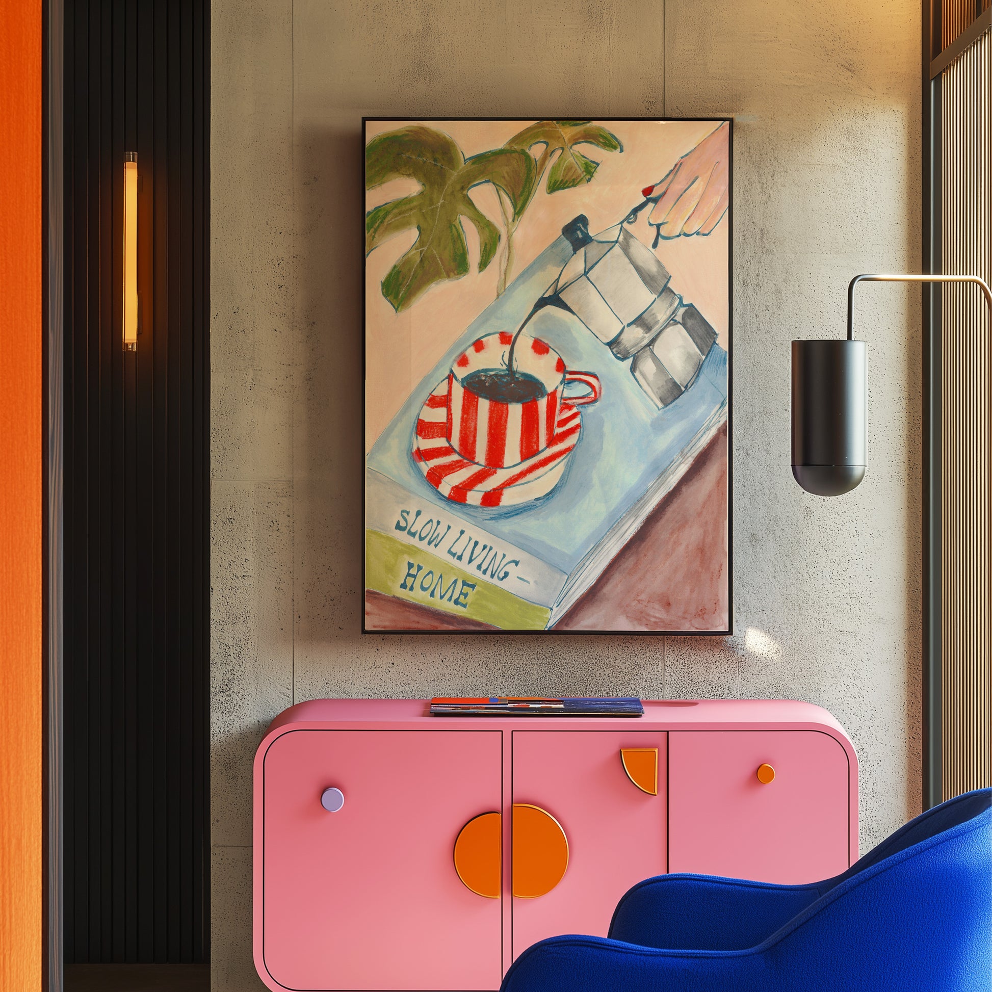 Pink cabinet with orange accents and a blue chair in a room with a colorful painting on the wall.