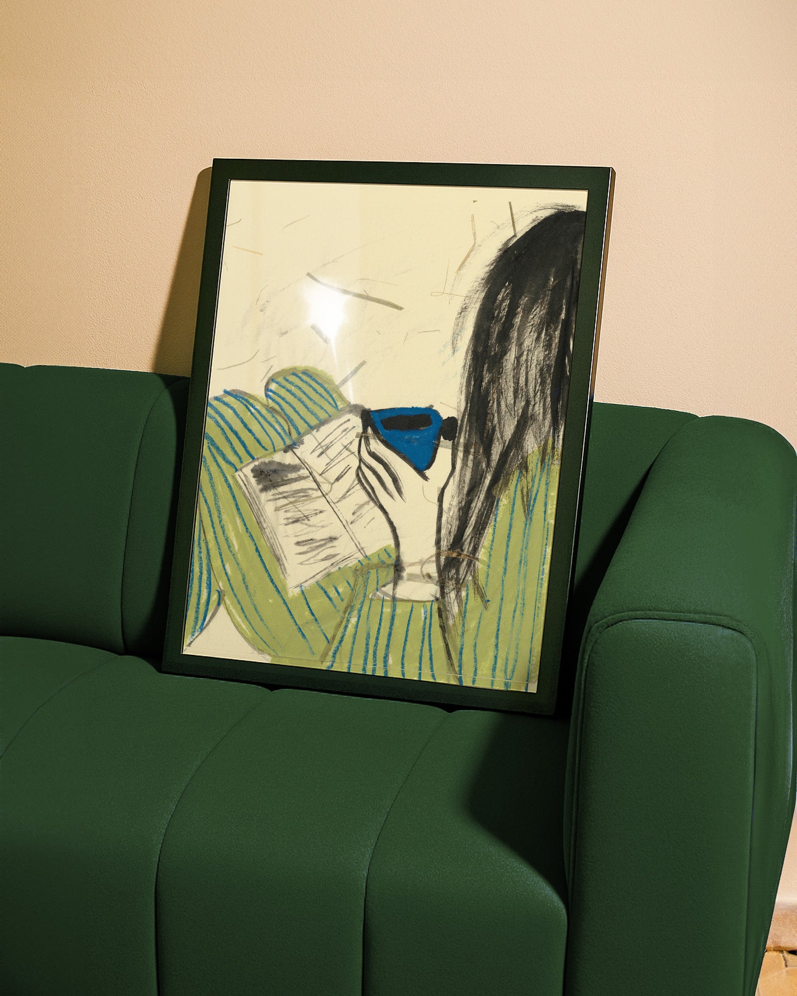 Illustration of a girl wearing a striped pyjama, reading a book and drinking out of a blue mug.