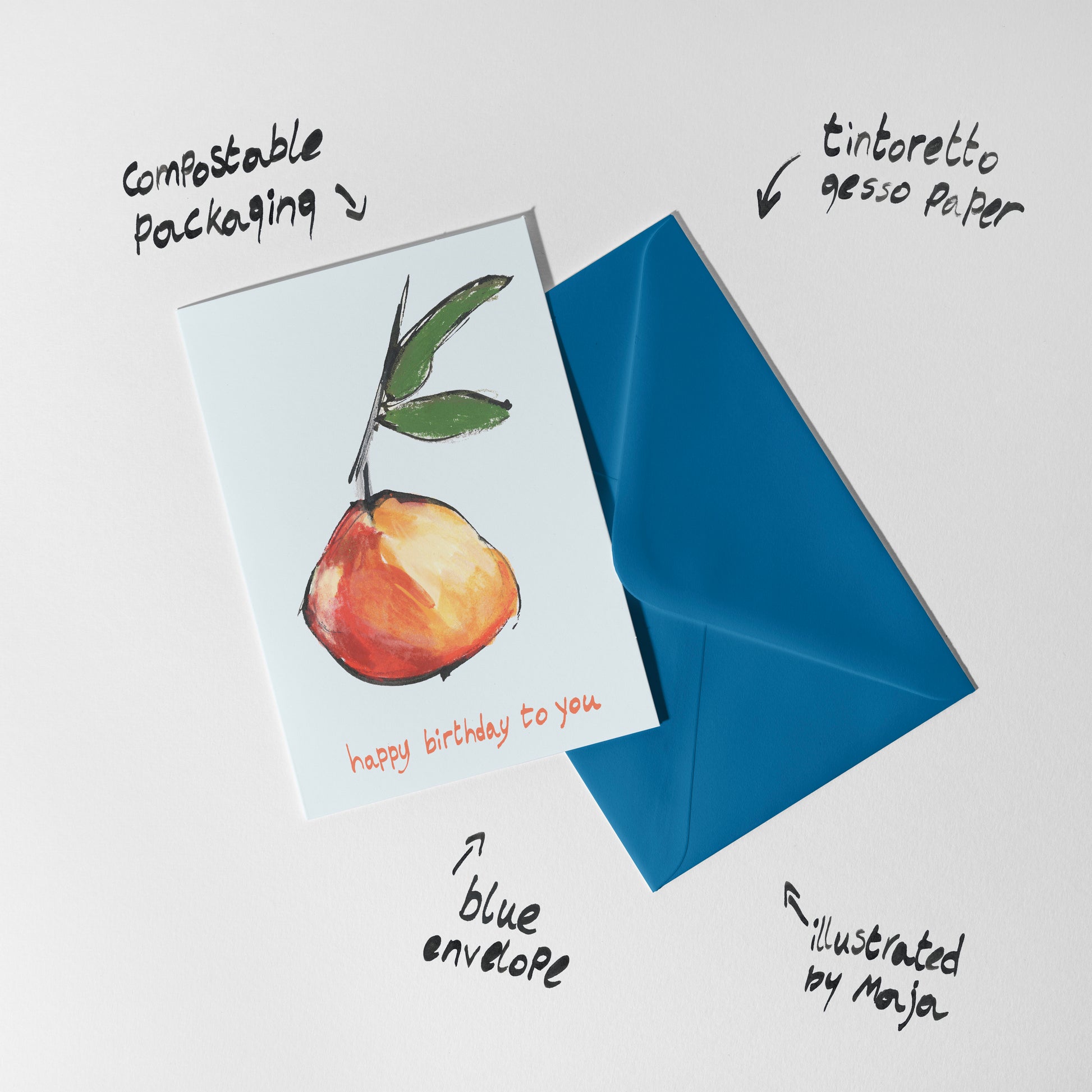 Greeting card with pear illustration and blue envelope on a light gray background