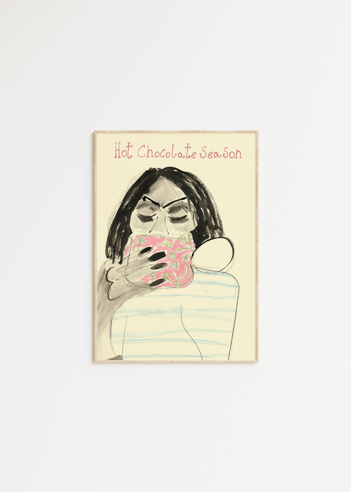 Illustration of a person drinking from a mug with 'Hot Chocolate Season' text on a light background