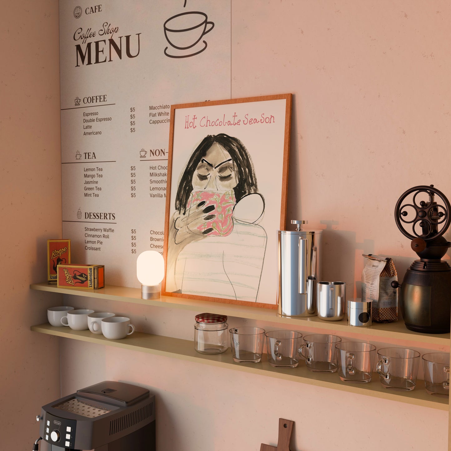 Coffee shop interior with shelves displaying coffee-making equipment and a framed artwork.