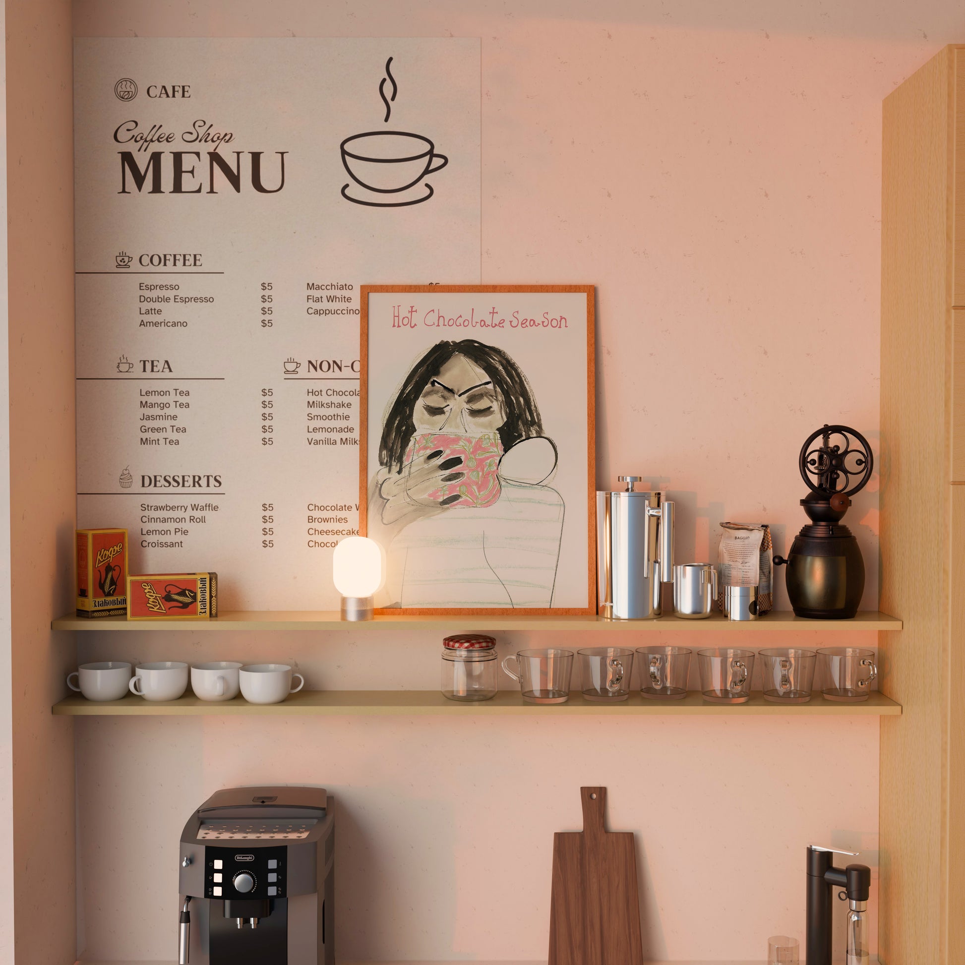 Cafe Interior with 'Hot Chocolate Season' illustration framed print.