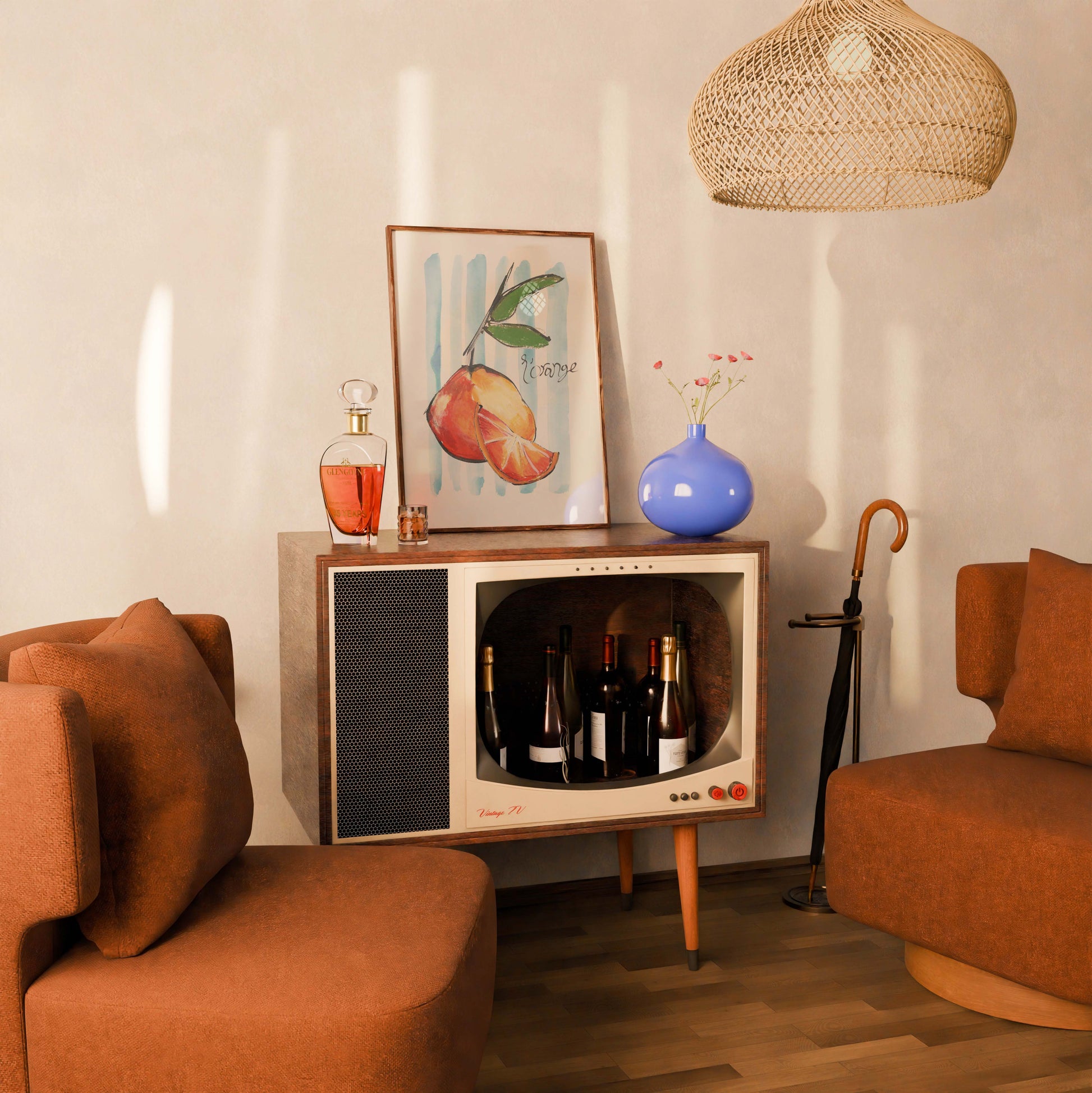 Living room with vintage-style entertainment console, bottles, and an orange fruit print.