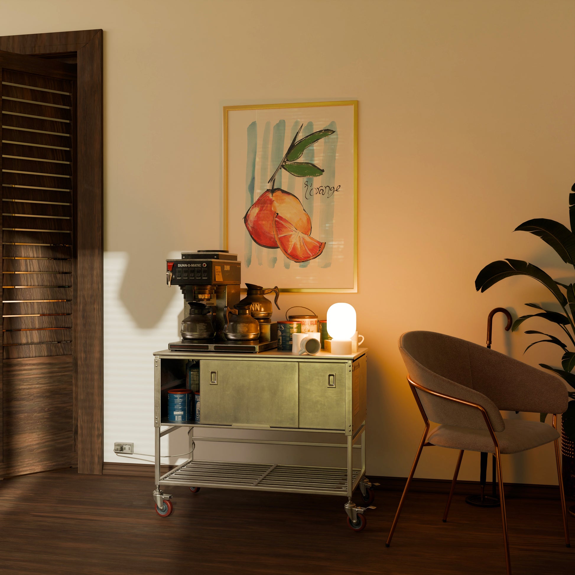 Coffee machine on a cart in a room with a painting of oranges on the wall.
