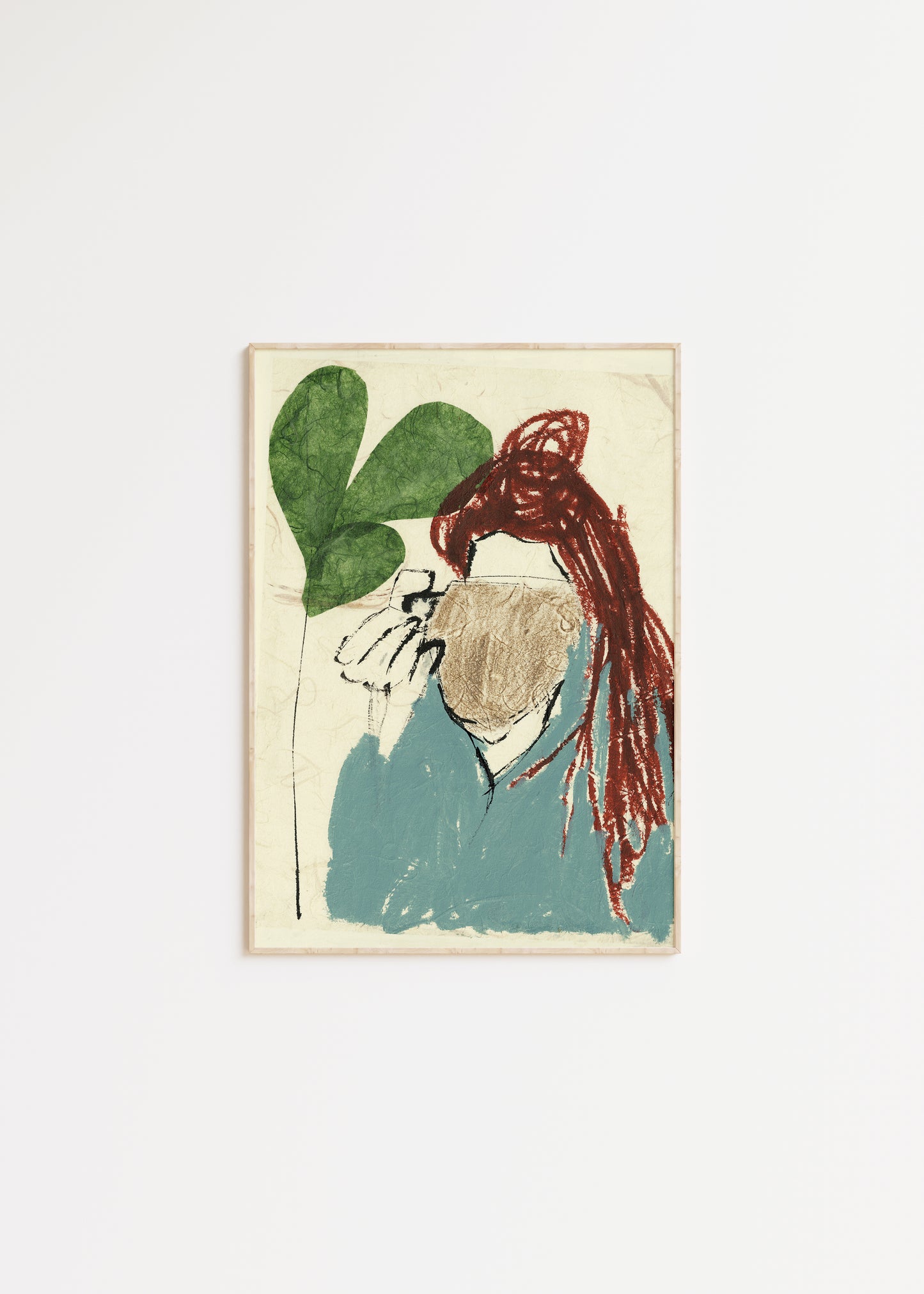 Illustration of a girl wearing a blue top, drinking from a brown mug.