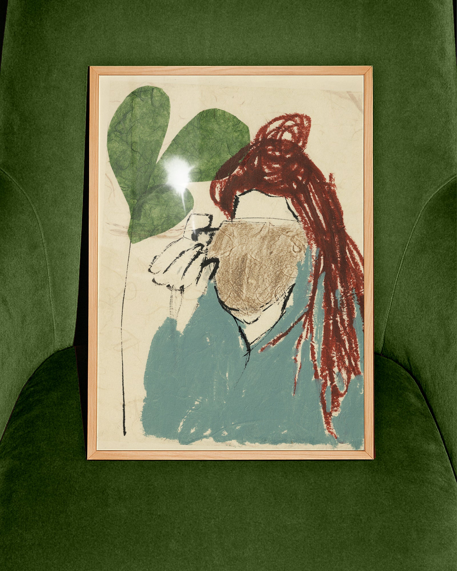 Framed Illustration of a girl wearing a blue top, drinking from a brown mug.