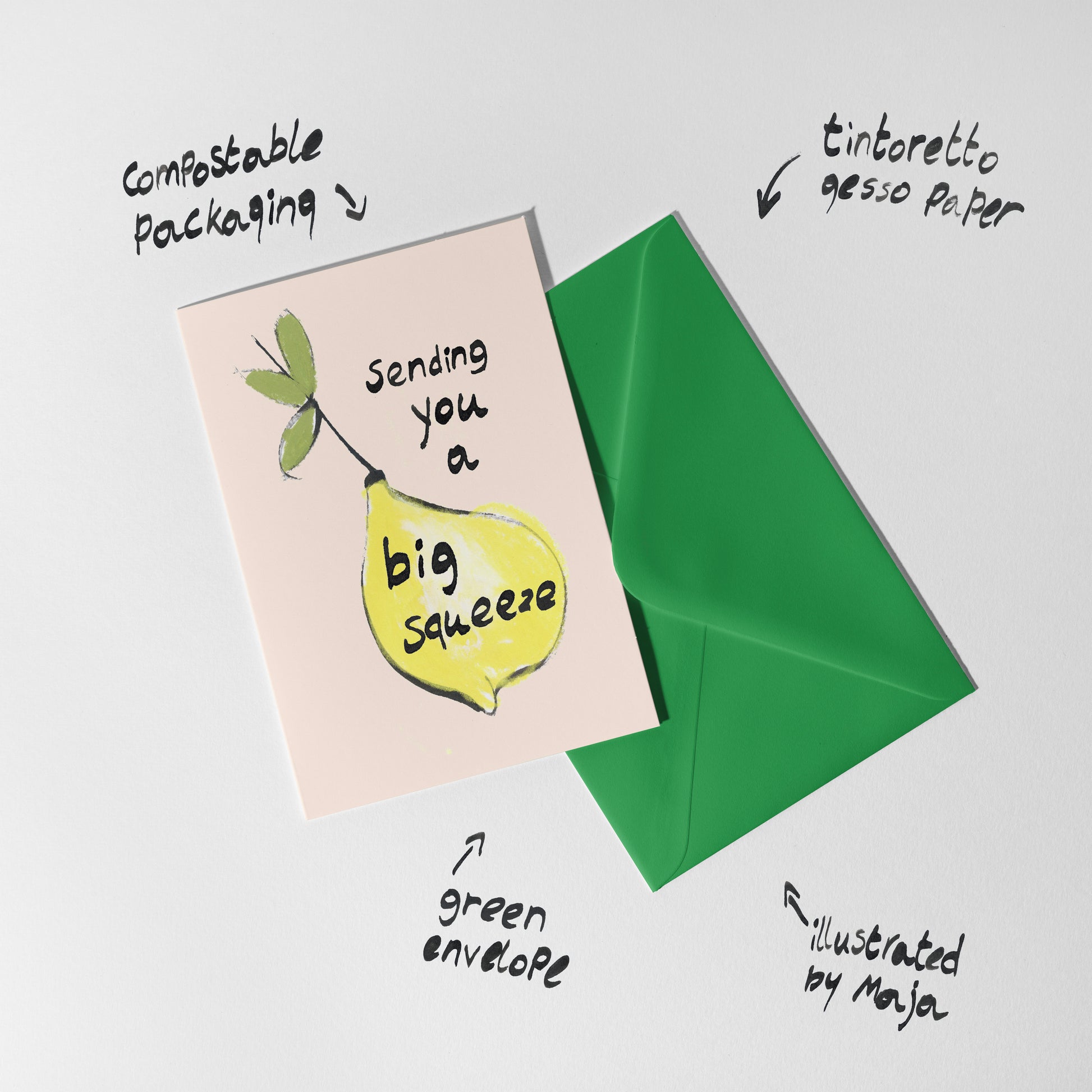 Greeting card with a green envelope on a light gray background, featuring text about compostable packaging and gesso paper.