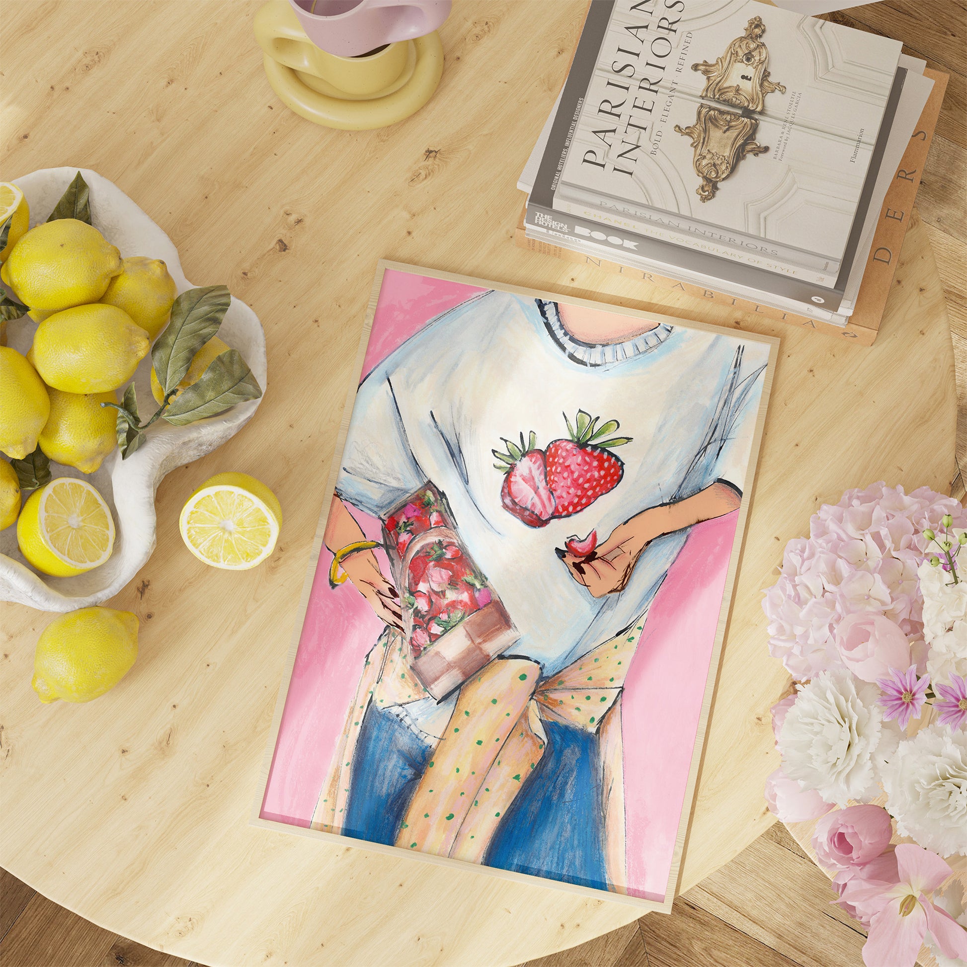 Illustrated art print of a woman holding strawberries on a wooden table with lemons and flowers.
