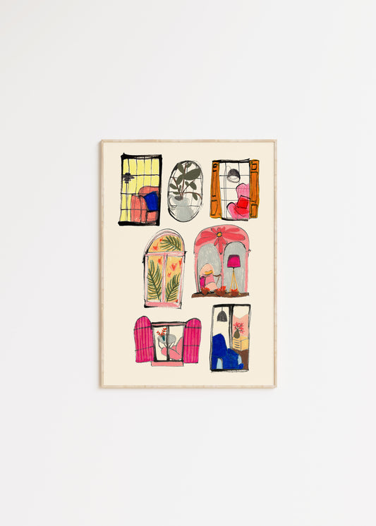 Framed artwork with colorful window designs on a white background