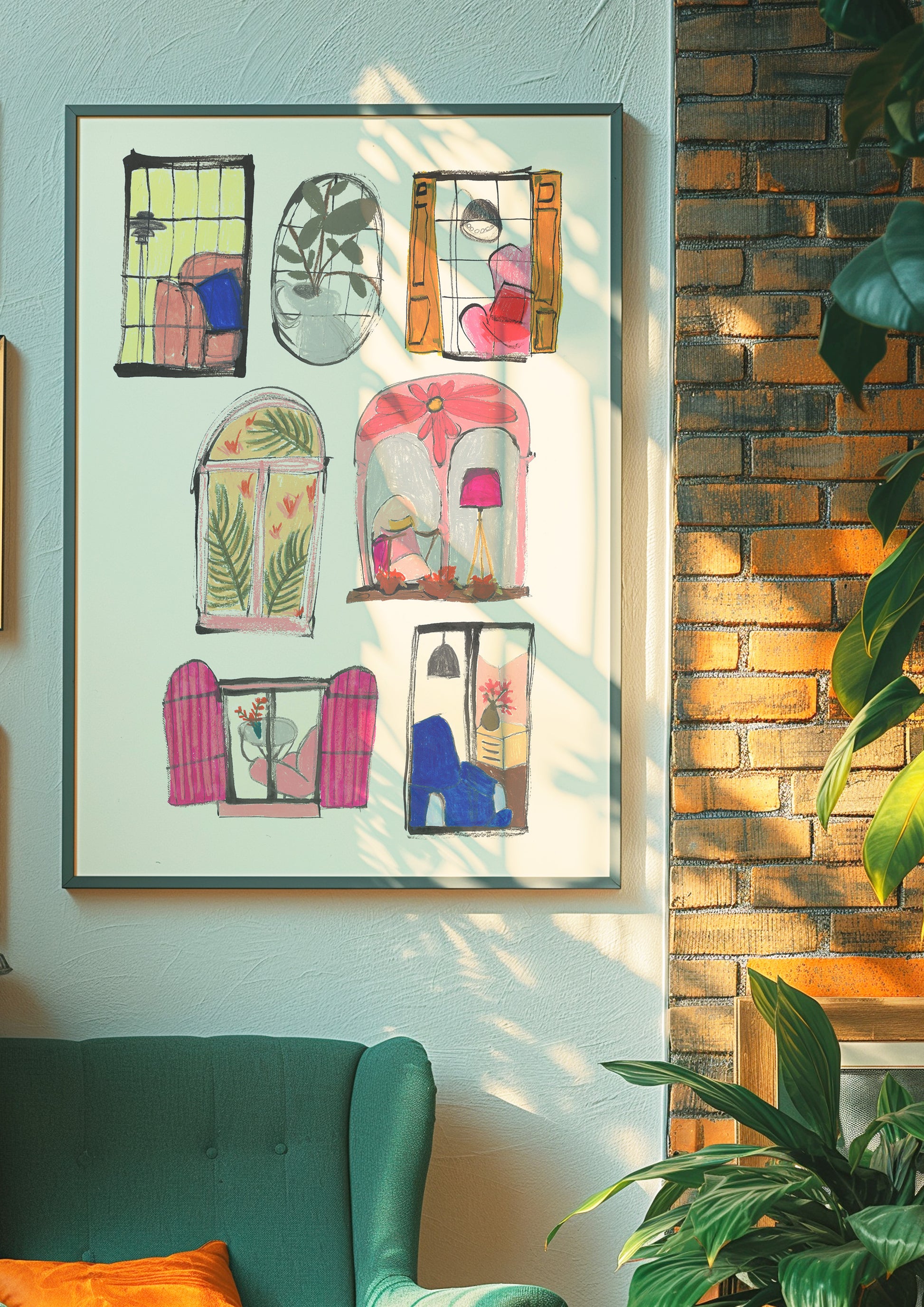 Framed artwork on a wall with a green chair and plant in the foreground