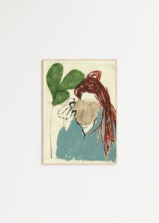 Illustration of a girl wearing a blue top, drinking from a brown mug.