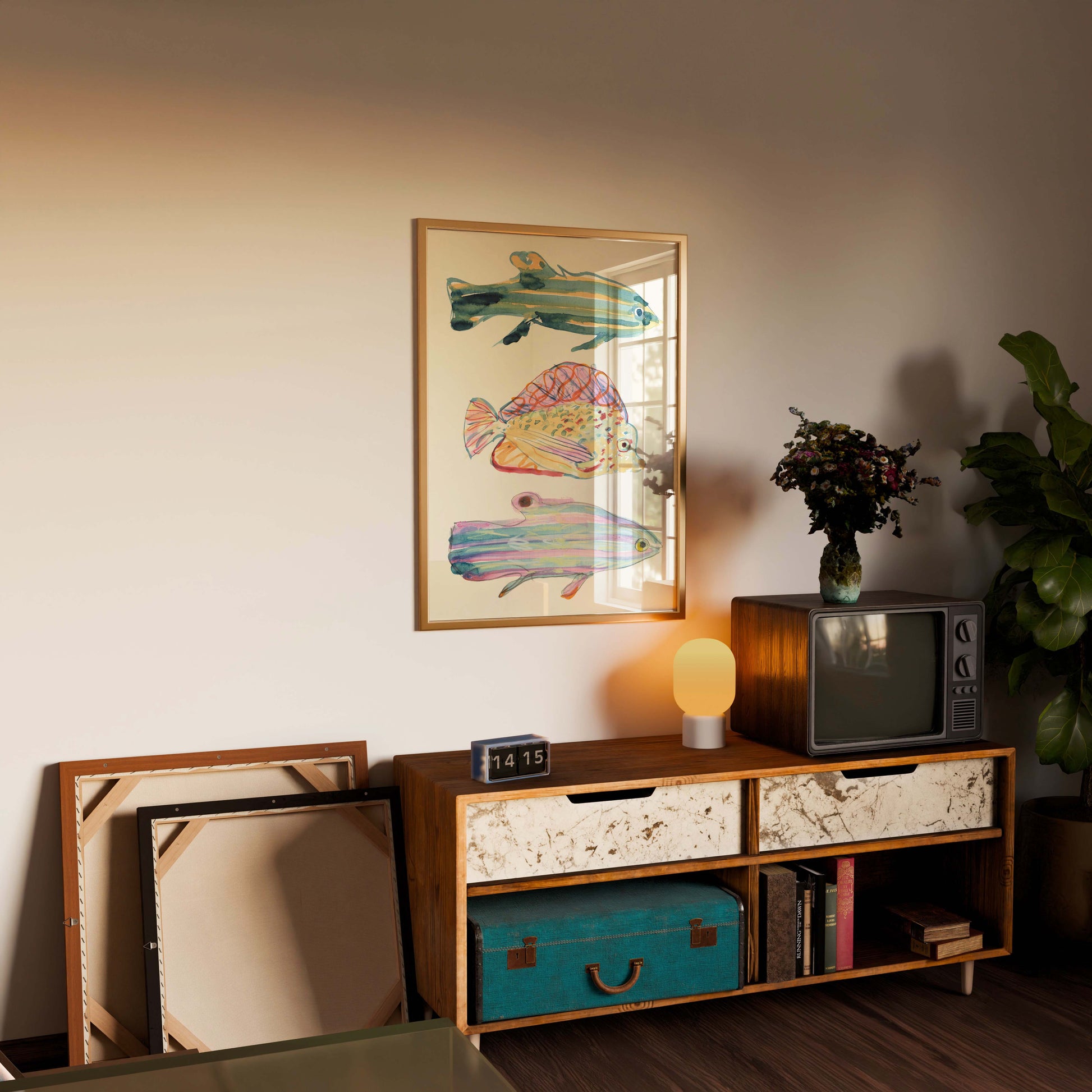Room interior with a shelf, framed artwork, and decorative items.