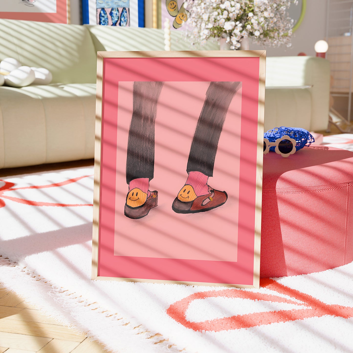 Pink Smile Socks Illustration Print 2