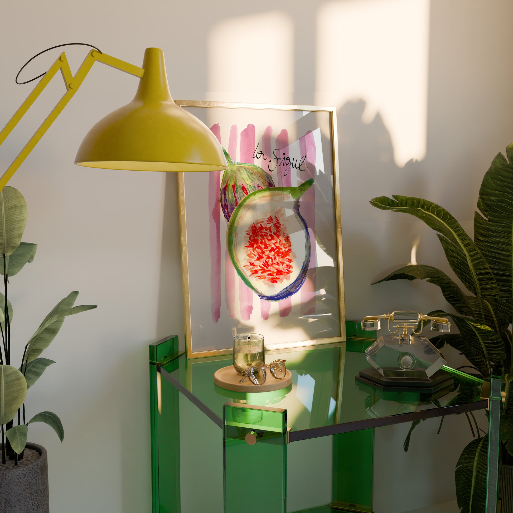 Modern interior with a green console table, yellow lamp, and decorative items.