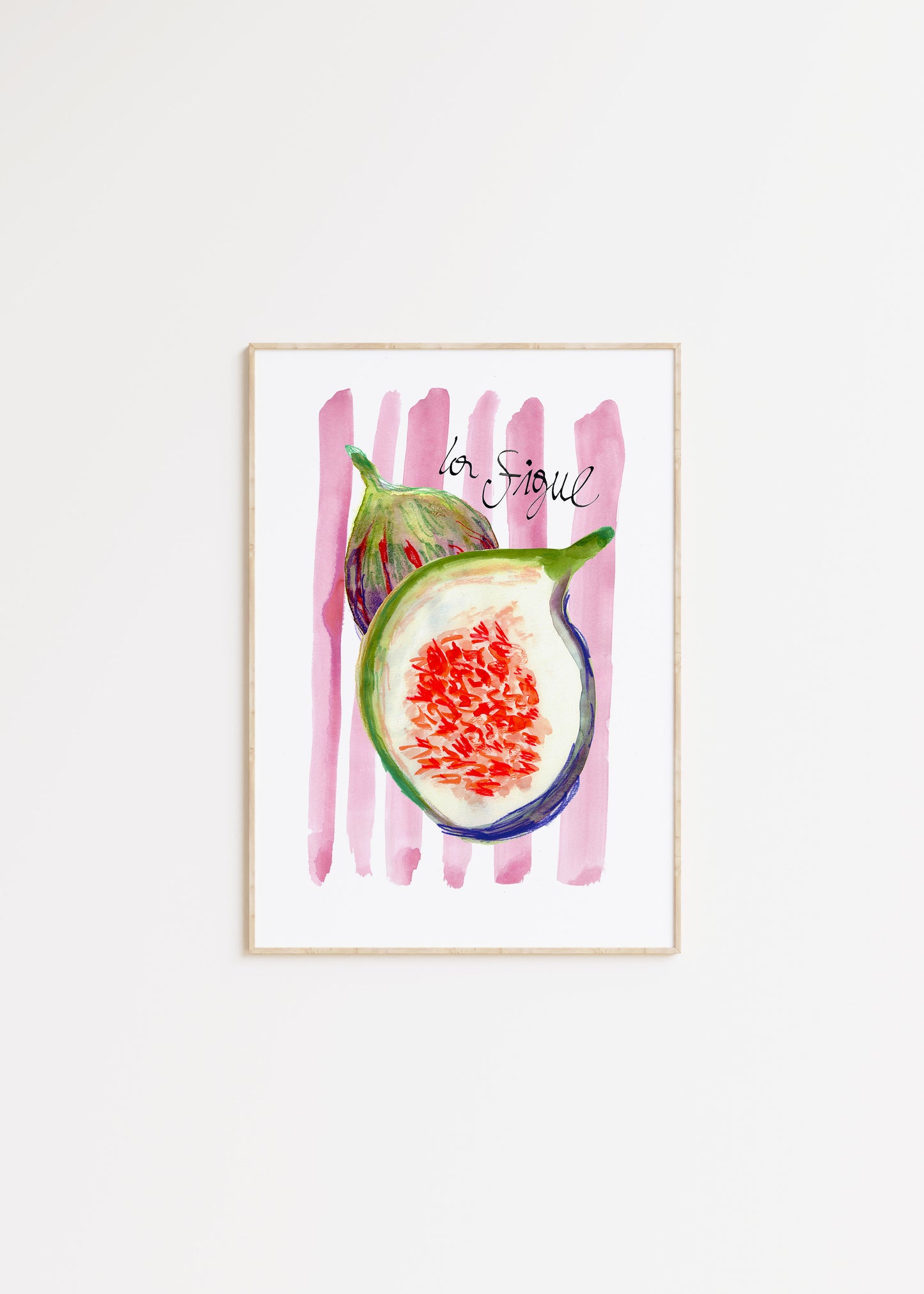 Framed artwork of a fig with pink abstract background