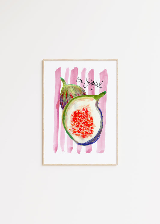 Framed artwork of a fig with pink abstract background